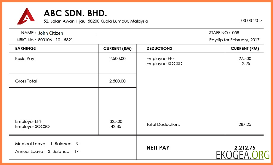 MALAISIE ABC SDN. BHD. Modèle Word et PDF de bulletin de paie